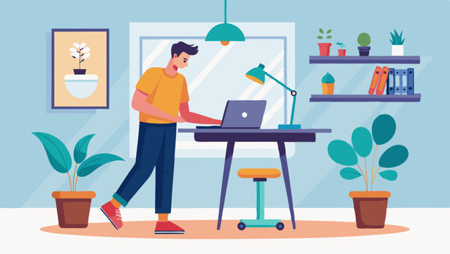 Trabajador independiente con escritorio de pie en un acogedor interior moderno. Persona concentrada trabajando desde casa con el ordenador en un entorno limpio y minimalista.