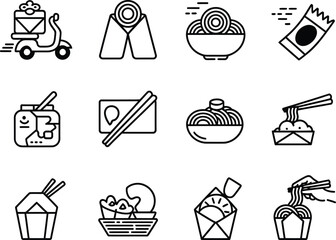 Fototapeta premium Hand drawn asian food icons featuring noodles dumplings and delivery scooter