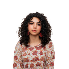 young woman with curly hair and serious expression isolated on white background