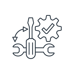 Gear with a check mark and settings tools. Optimization of equipment operation. Vector linear icon illustration isolated on white background.