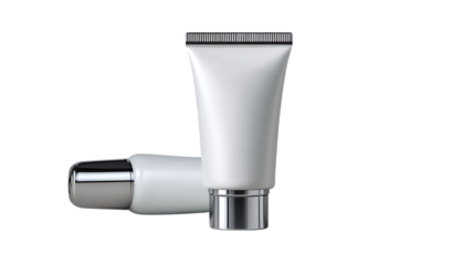 Two white cosmetic tubes with silver caps isolated on transparent background