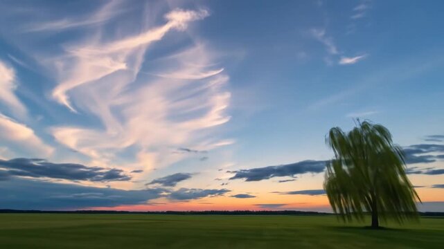 Dreamy willow tree landscape with dramatic sunset clouds in a vibrant field