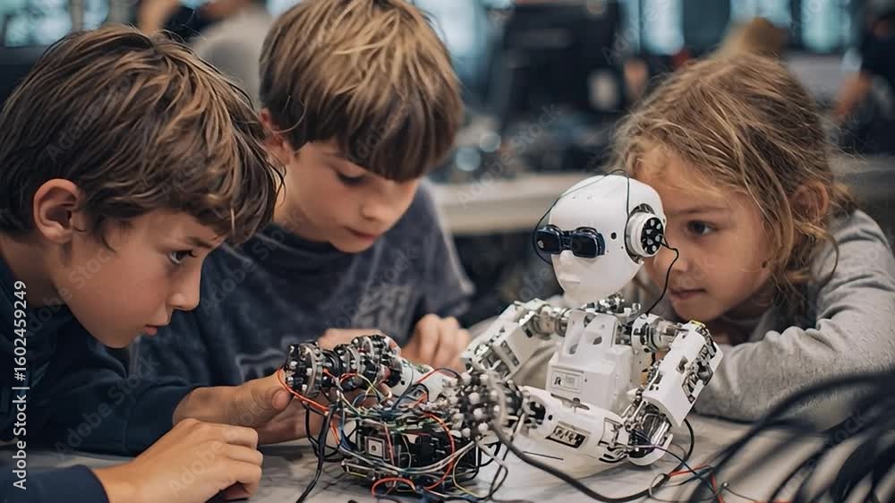 Poster children learning robotics with a friendly robot in a classroom setting