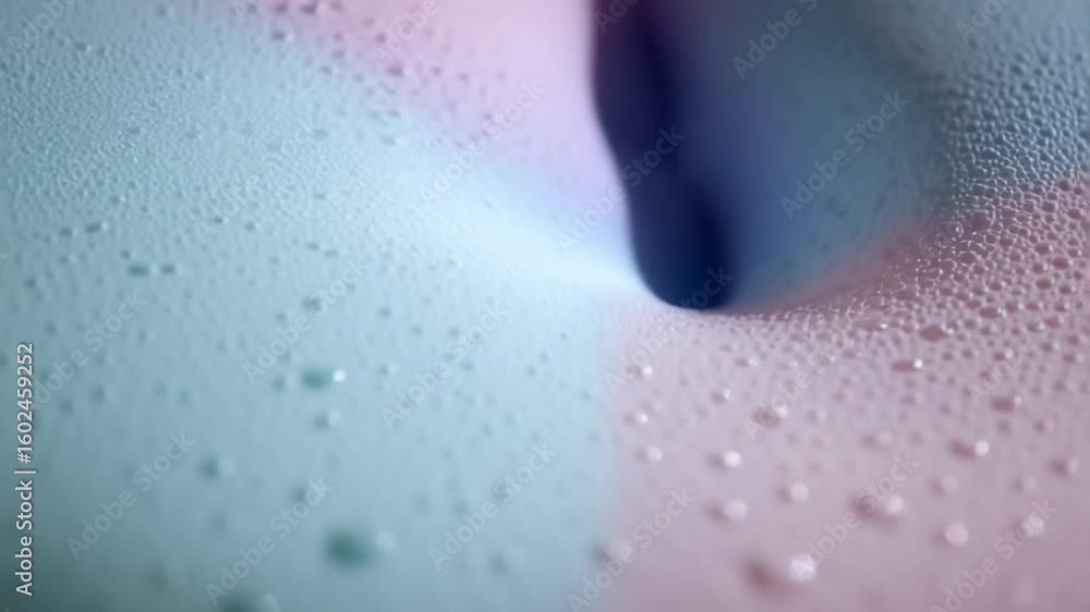 Poster bath bomb dissolving in water. liquid surface with colorful gradient and bubbles in abstract style