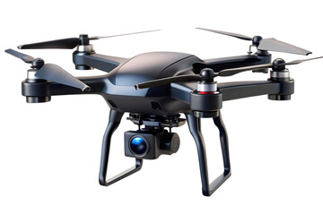 A sleek black drone equipped with a camera isolated on transparent background