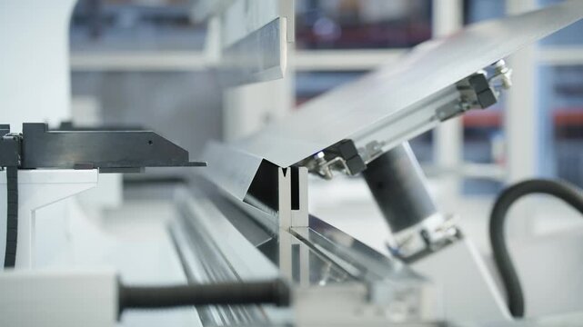 Close-up shot of a bending machine bending a sheet of metal automatically