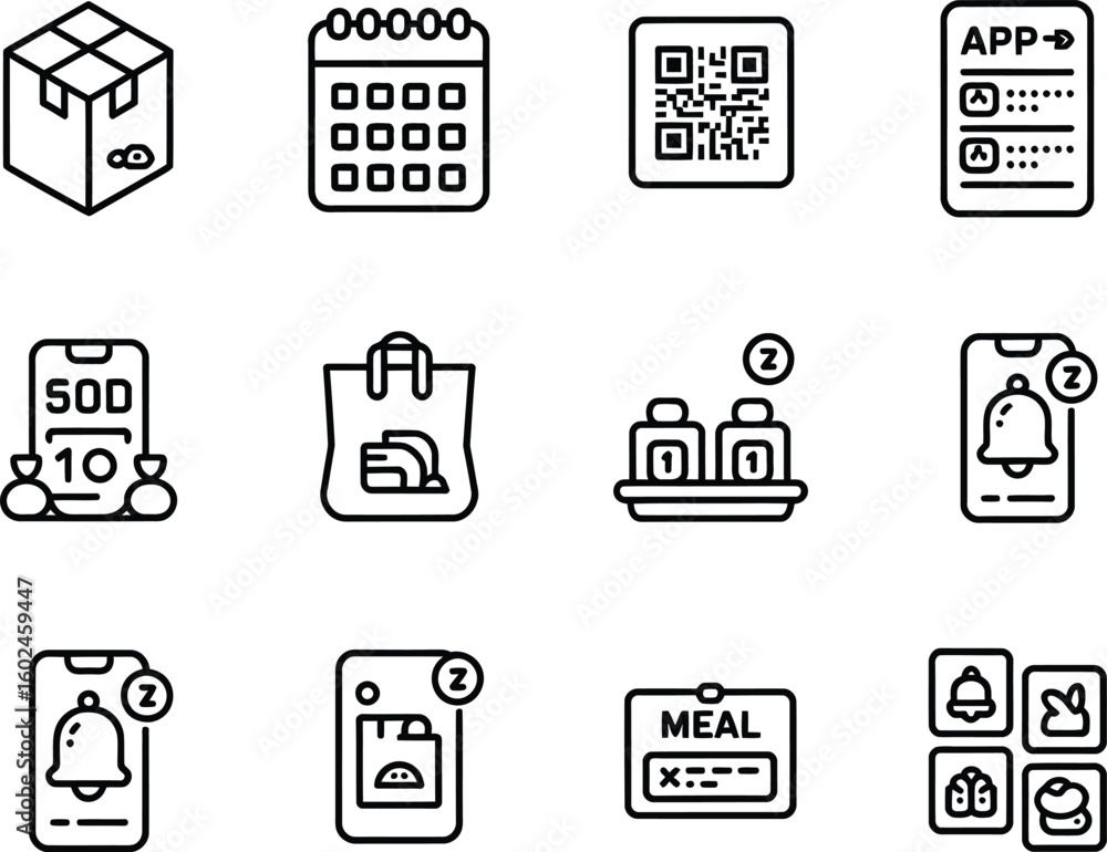 Poster set of twelve simple line art icons representing e commerce and delivery services