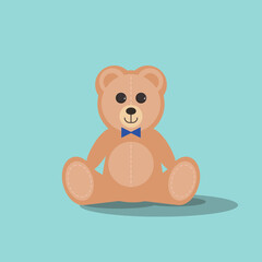 Fototapeta premium Cute Teddy Bear with Bow Tie: Adorable Childhood Toy. This graphic features a sitting brown teddy bear with a blue bow tie and friendly eyes, set against a calm blue background