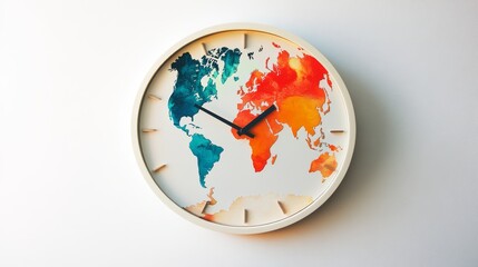 120.A circular clock featuring a creative integration of a world map, with arrows as time indicators. The design uses soft gradients for the continents and a white background to enhance its