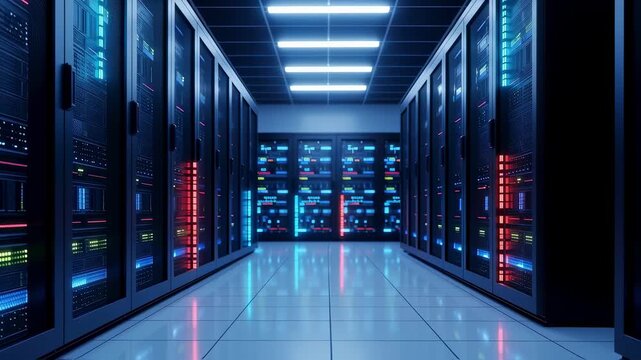 Secure server farm corridor with radiant electronic indicators and reflective flooring.