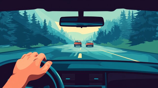 66.A clean and vibrant flat vector of a hand adjusting a rectangular rearview mirror inside a car. The reflection in the mirror shows a vague outline of passing vehicles and trees, emphasizing the