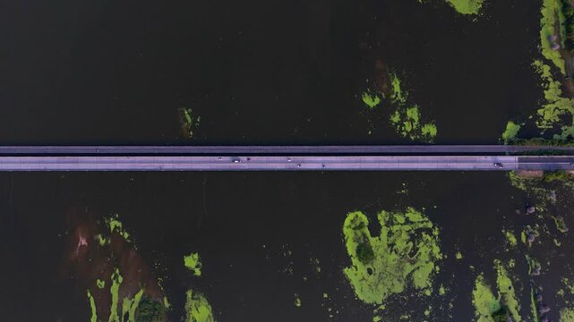 Top-down drone view of a bridge spanning dark water, with vehicles crossing. Patches of vibrant green algae float on the water's surface, creating a stark contrast. Puducherry to Chennai Road