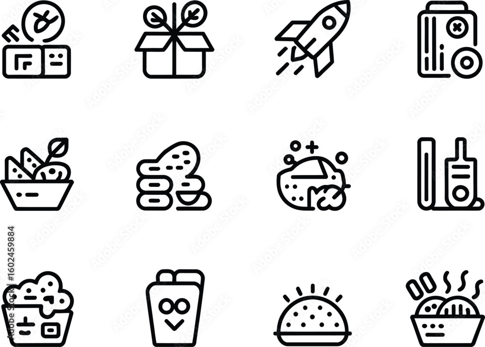 Poster collection of simple line art icons representing various concepts and items