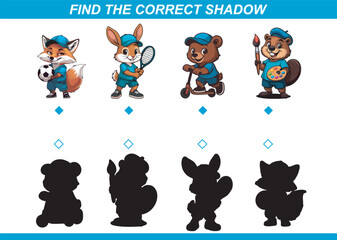    Find the correct shade of cartoon animals (fox, rabbit, bear, beaver). Children s educational game on paper with animals with a silhouette object. Draw a line from the subject to the shadow 