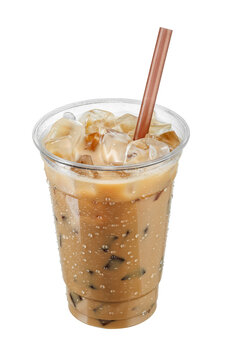 Iced coffee with milk in fogged disposable plastic cup with straw isolated on white background