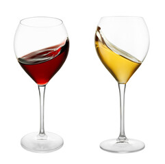 Red and white wine splashing inside the glass isolated on white background with clipping path