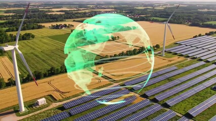 Aerial view of agricultural land with wind turbines and solar panels. A transparent globe overlay depicts global energy - Powered by Adobe