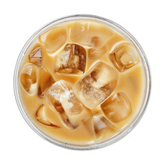Top view of iced coffee with milk in disposable plastic cup isolated on white background