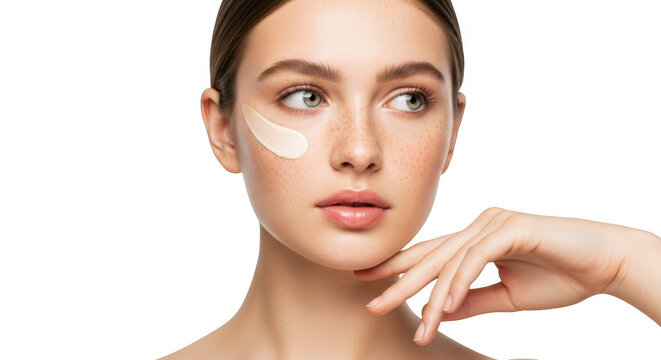 A young woman with freckles has a dab of cream applied to her cheek, isolated on transparent background