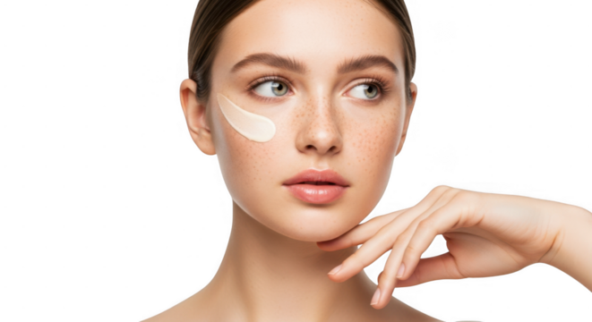 A young woman with freckles has a dab of cream applied to her cheek, isolated on transparent background