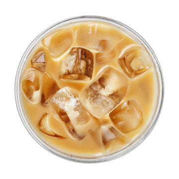 Top view of iced coffee with milk in disposable plastic cup isolated on white background