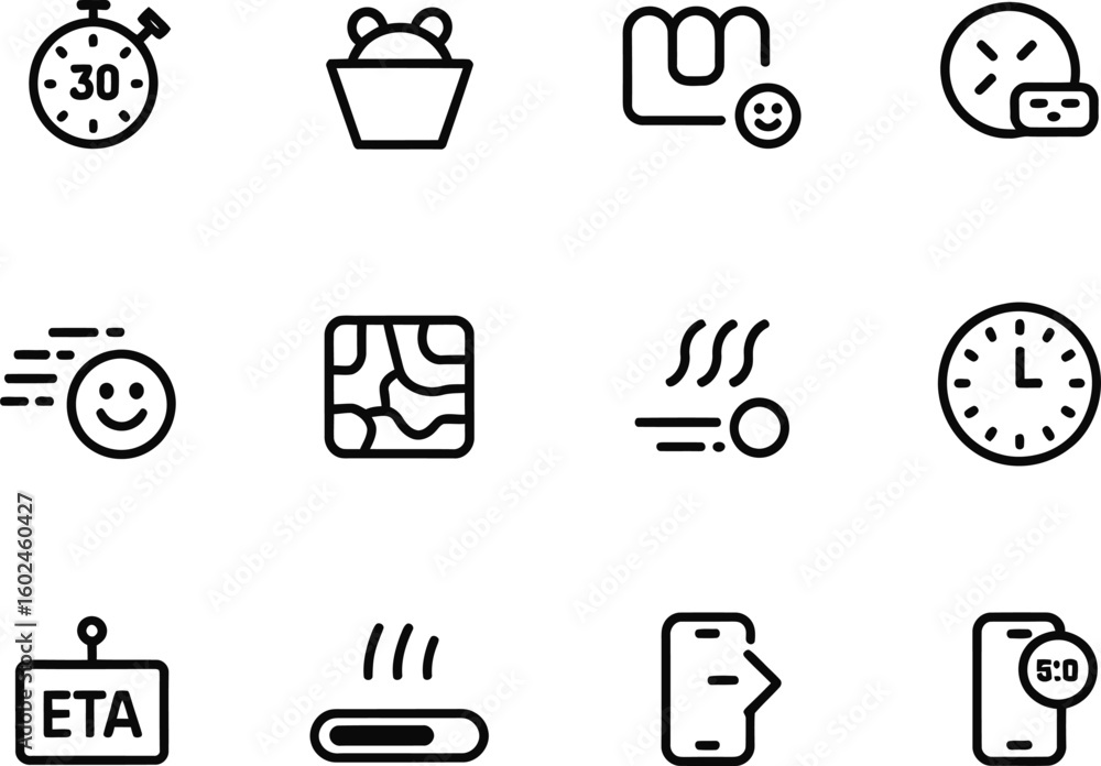 Poster collection of simple line art icons representing time tasks and technology