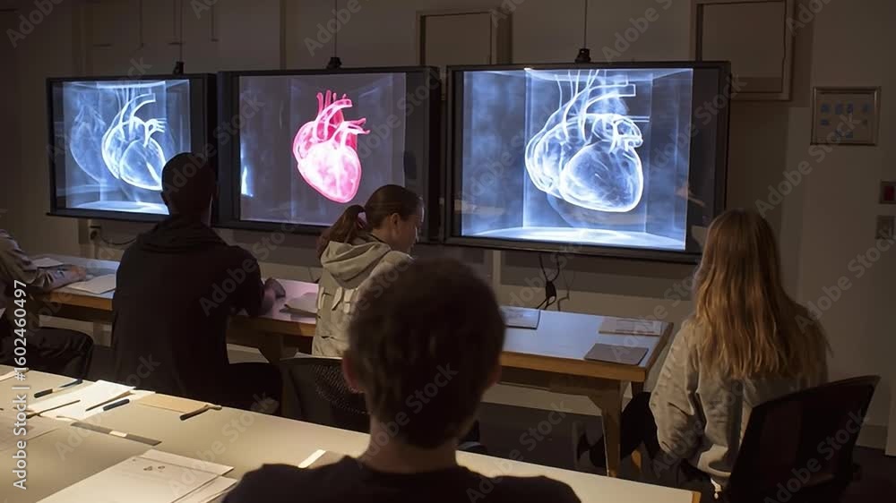 Poster students observe heart anatomy in a modern classroom setting
