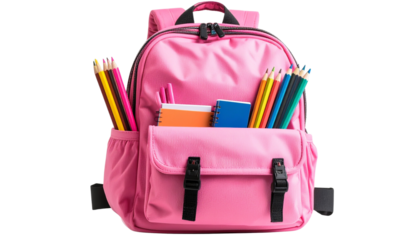 vibrant pink schoolbag, backpack stuffed with colorful pencils and a notebook, ready for school, isolated on transparent background back to school png editing element