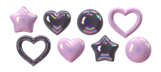 Glossy heart, star and round balloons in pink and black colors with iridescent gradient on transparent background. 3D render for romantic celebration and festive decoration. 3D illustration.