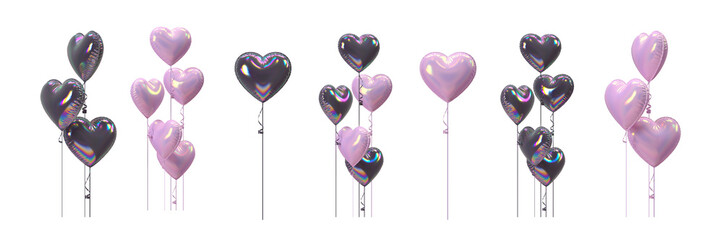 Glossy pink and black heart balloons in a bunch on transparent background with iridescent gradient. Celebration, love and romantic mood concept. 3D reander illustration.