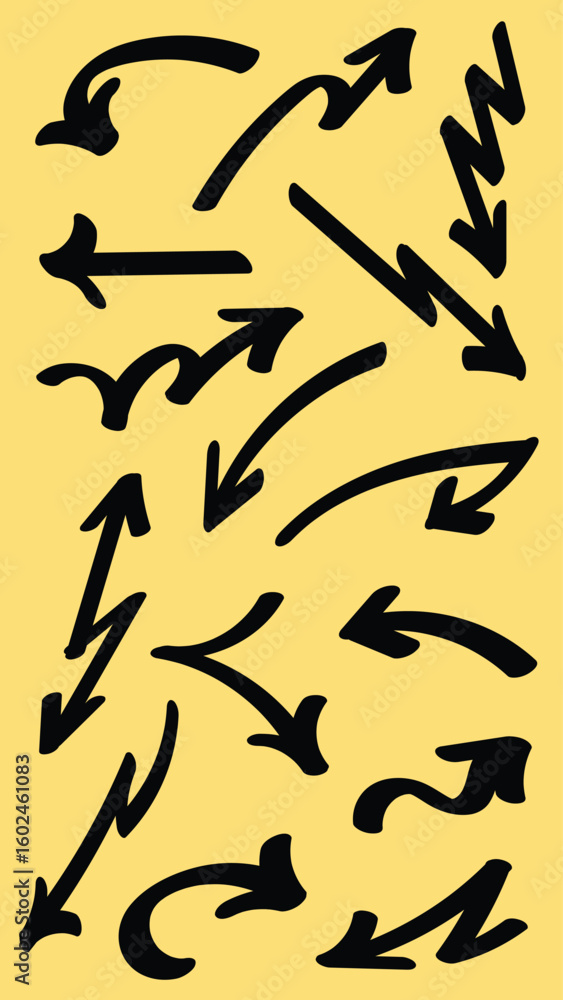 Poster set of simple bold lines hand drawn black arrows in various style. set of simple of hand drawn black