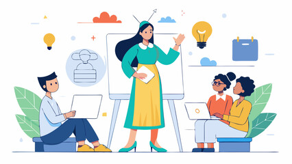 Indian female manager discussing strategies with team members in minimalist line art style. Businesswoman planning meeting, leadership communication, professional teamwork illustration.

