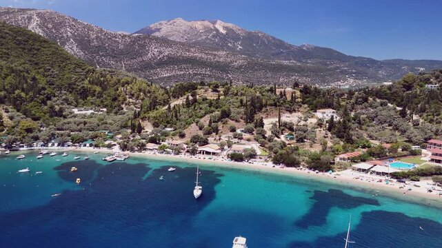Aerial approaches shallow sand Desimi Beach on Lefkada Island, Greece