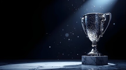 Silver trophy under dramatic spotlight on marble stage

