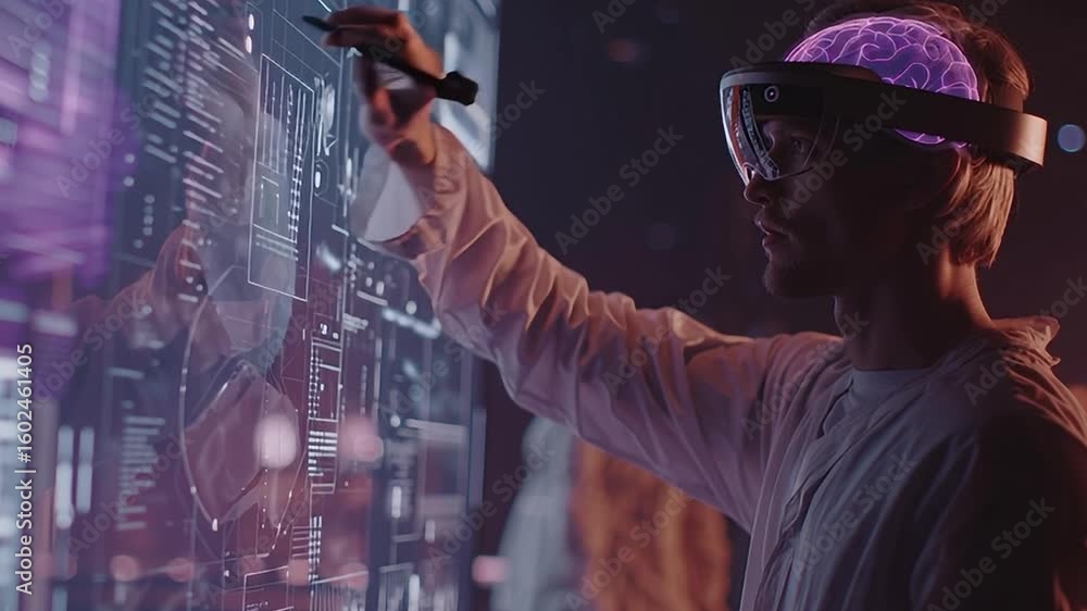 Poster scientist using innovative technology to visualize data in laboratory