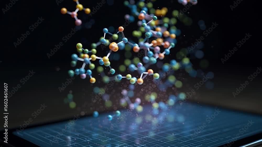Poster colorful molecular structures interact on a digital tablet display