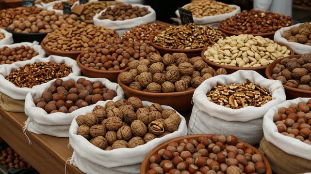 Various types of nuts displayed in sacks and bowls at a rustic market stall. Natural textures, organic food concept, nut variety for healthy eating and seasonal harvest.