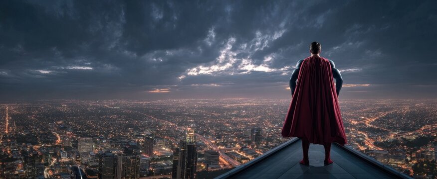 A guardian stands watch over a sprawling cityscape at night, a beacon of hope against the dramatic, cloud-filled sky.
