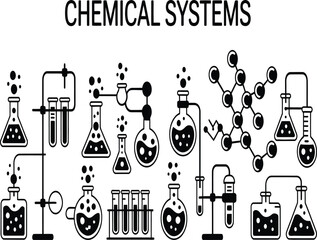 chemical system silhouette, lab equipment vector, black chemistry icons
