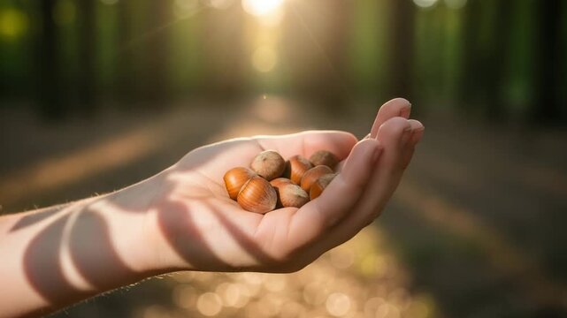 A hand holding freshly picked hazelnuts in a forest at golden hour. Warm sunset light, natural harvest concept, peaceful moment during Nut Spas celebration in the woods.