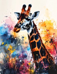 An expressive and vibrant watercolor illustration of a giraffe's head and long neck, with a dynamic background of soft, abstract paint splotches in warm tones.