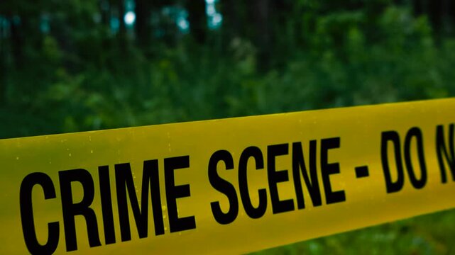 Close up glide over vivid yellow crime scene tape with raindrops stretched through a damp eerie wooded area. Behind the wet barricade tape blurry forest background, shadowed tree trunks and bushes.