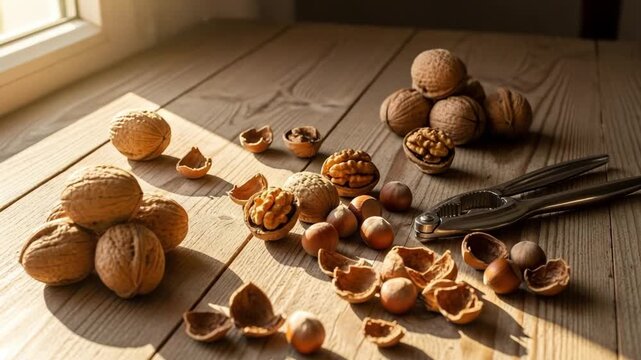 Cracked walnuts and hazelnuts on a rustic wooden table lit by golden sunlight. A peaceful still life capturing the essence of Nut Spas harvest with warm, natural tones and textures.