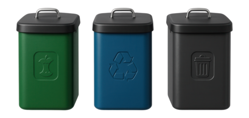 Color-coded outdoor trash bins for different waste types, enhancing waste sorting in a large residential complex.
