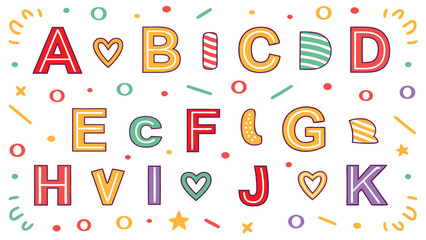Fototapeta premium Alphabet letters A to K with playful patterns and confetti
