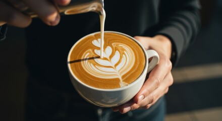 Barista expertly pouring milk into coffee, creating latte art.