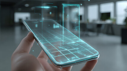Hand holds smartphone displaying futuristic glowing data interface in modern office, showcasing technology integration and digital interaction.