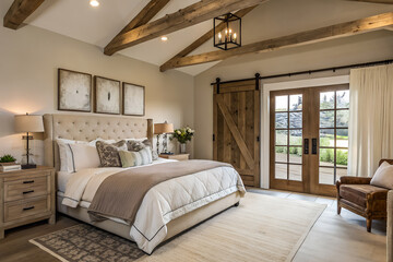Fototapeta premium Rustic modern bedroom with exposed wooden beams, soft linen bedding, barn-style sliding door, warm ambient lighting