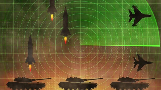 Global military buildup escalates - advanced warfare systems show tanks, missiles and aircraft on radar display