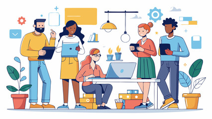 Group of young business people brainstorming in modern office with laptops and stationery. Multicultural coworkers planning startup strategy in creative workspace.


